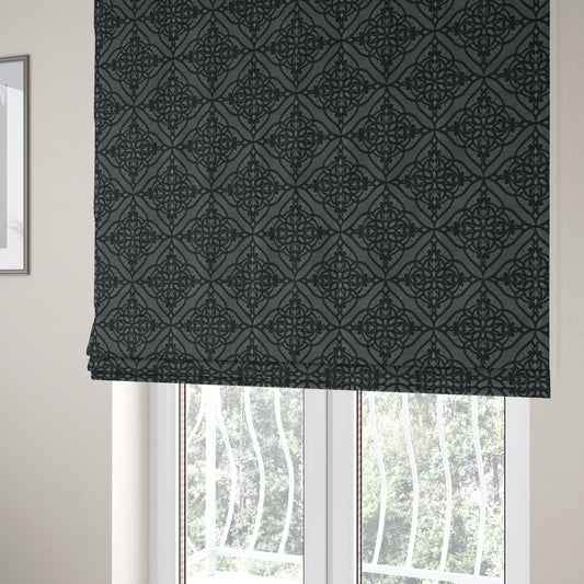 Vegas Black Silver Shine Effect Geometric Large Pattern Medallion Soft Chenille Upholstery Fabric JO-475 - Roman Blinds