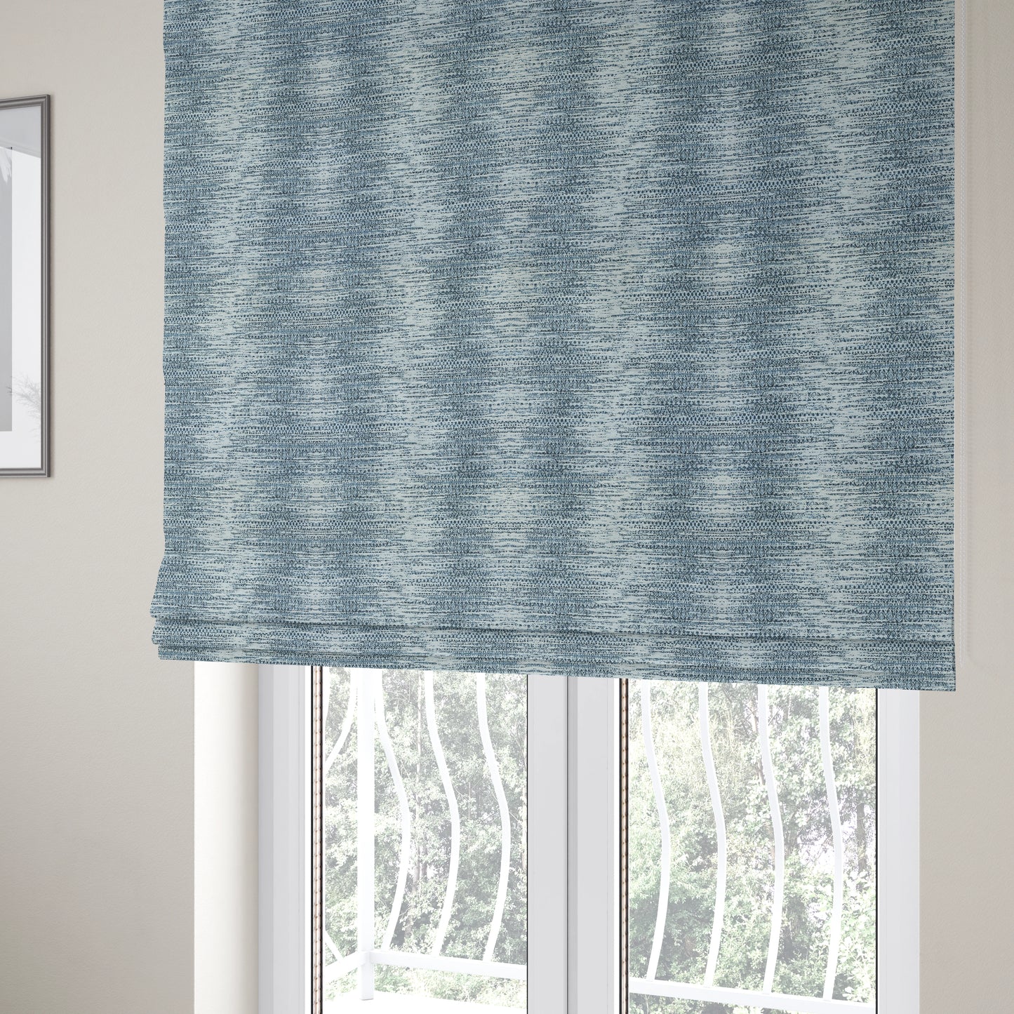 Ella Pattern Interior Fabric In White Blue Colour Woven Soft Chenille Fabric JO-478 - Roman Blinds