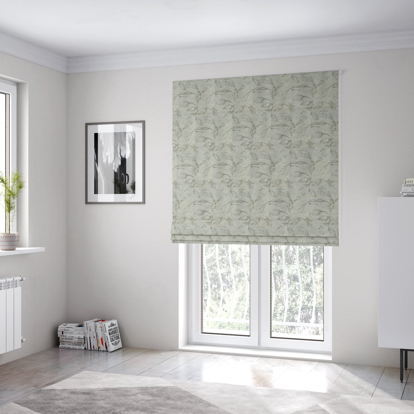 Atmosfera Woven Fabric Floral Leaf Pattern In Grey Colour Interior Fabric JO-479 - Roman Blinds