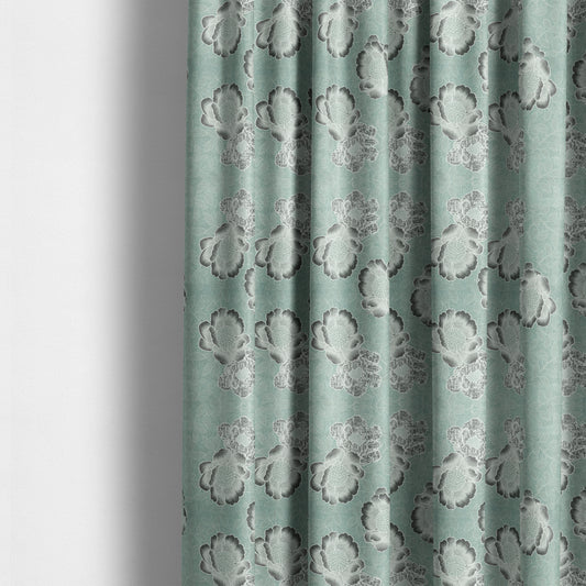 Aqua Silver Grey Coloured Floral Inspired Leaf Design Soft Chenille Upholstery Fabric JO-48 - Made To Measure Curtains