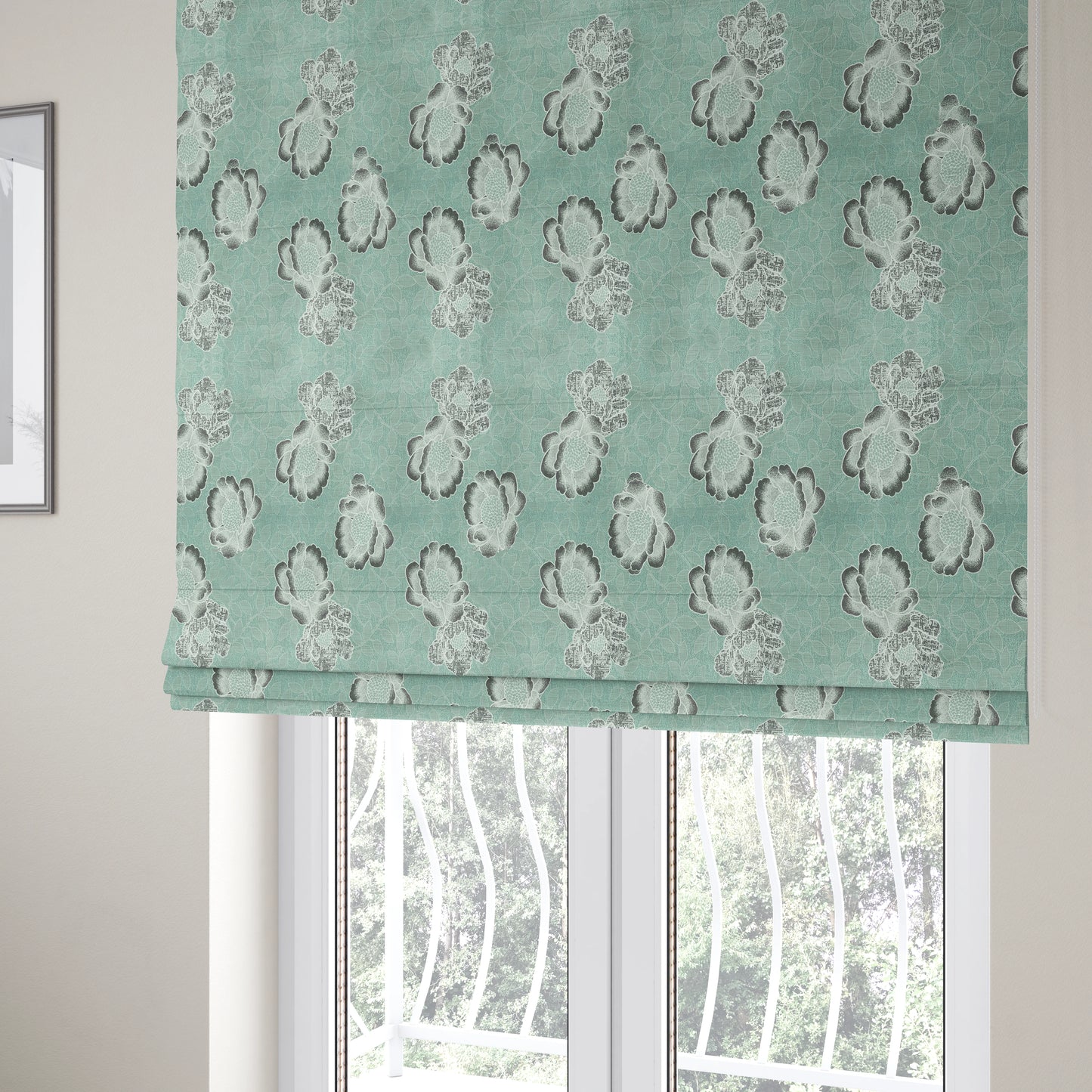 Aqua Silver Grey Coloured Floral Inspired Leaf Design Soft Chenille Upholstery Fabric JO-48 - Roman Blinds