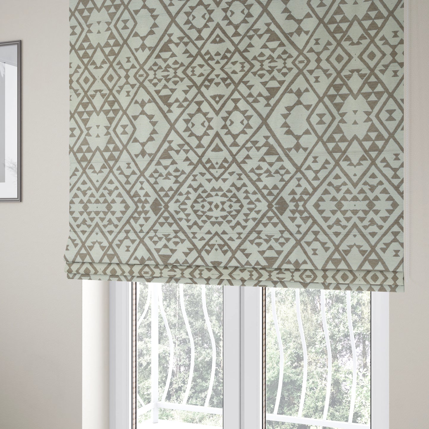 Marlow Woven Modern Geometric Aztec Pattern In Cream Brown Interior Fabric JO-481 - Roman Blinds