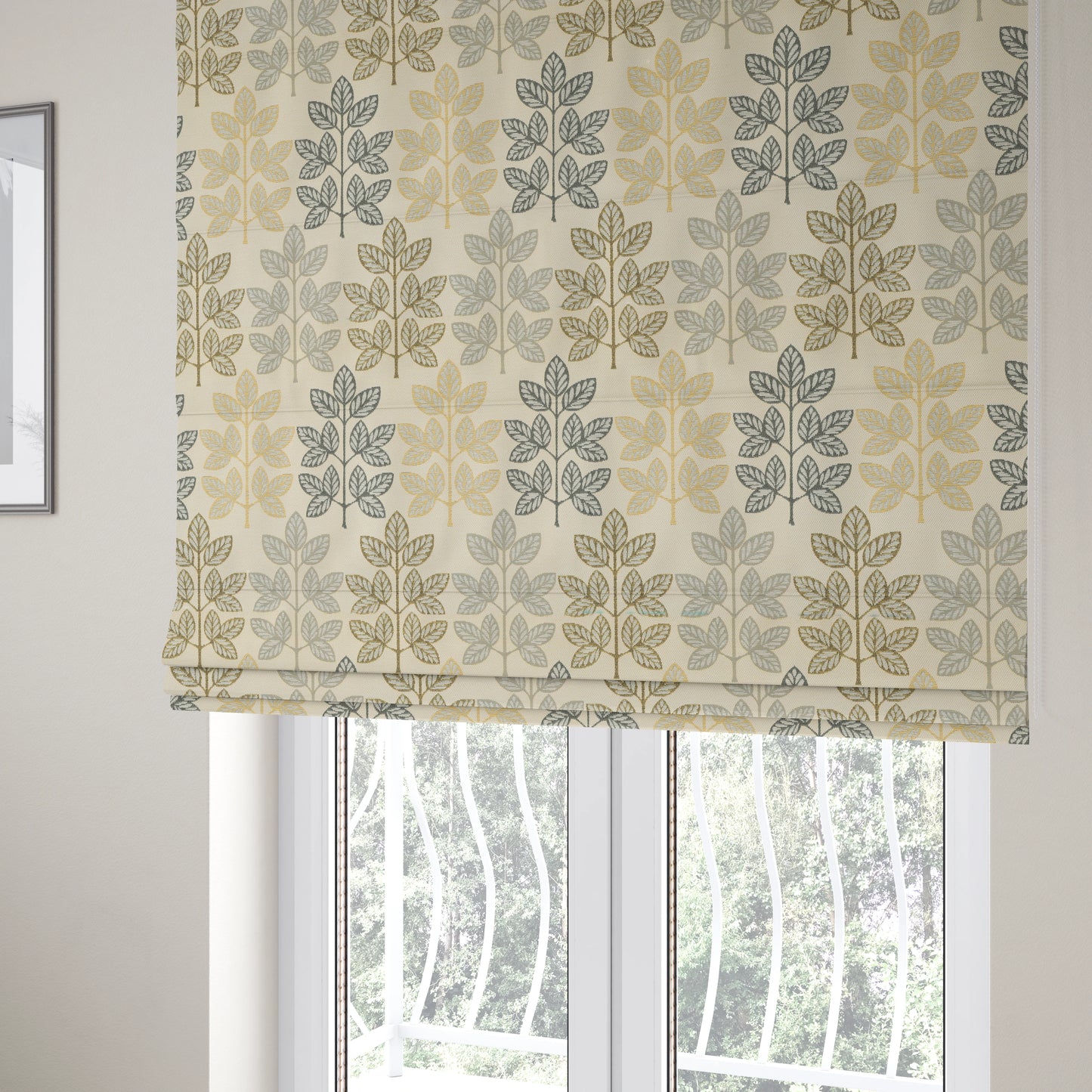 Fantasque Trees Leaf Inspired Pattern White Grey Yellow Colour Soft Woven Fabric JO-483 - Roman Blinds