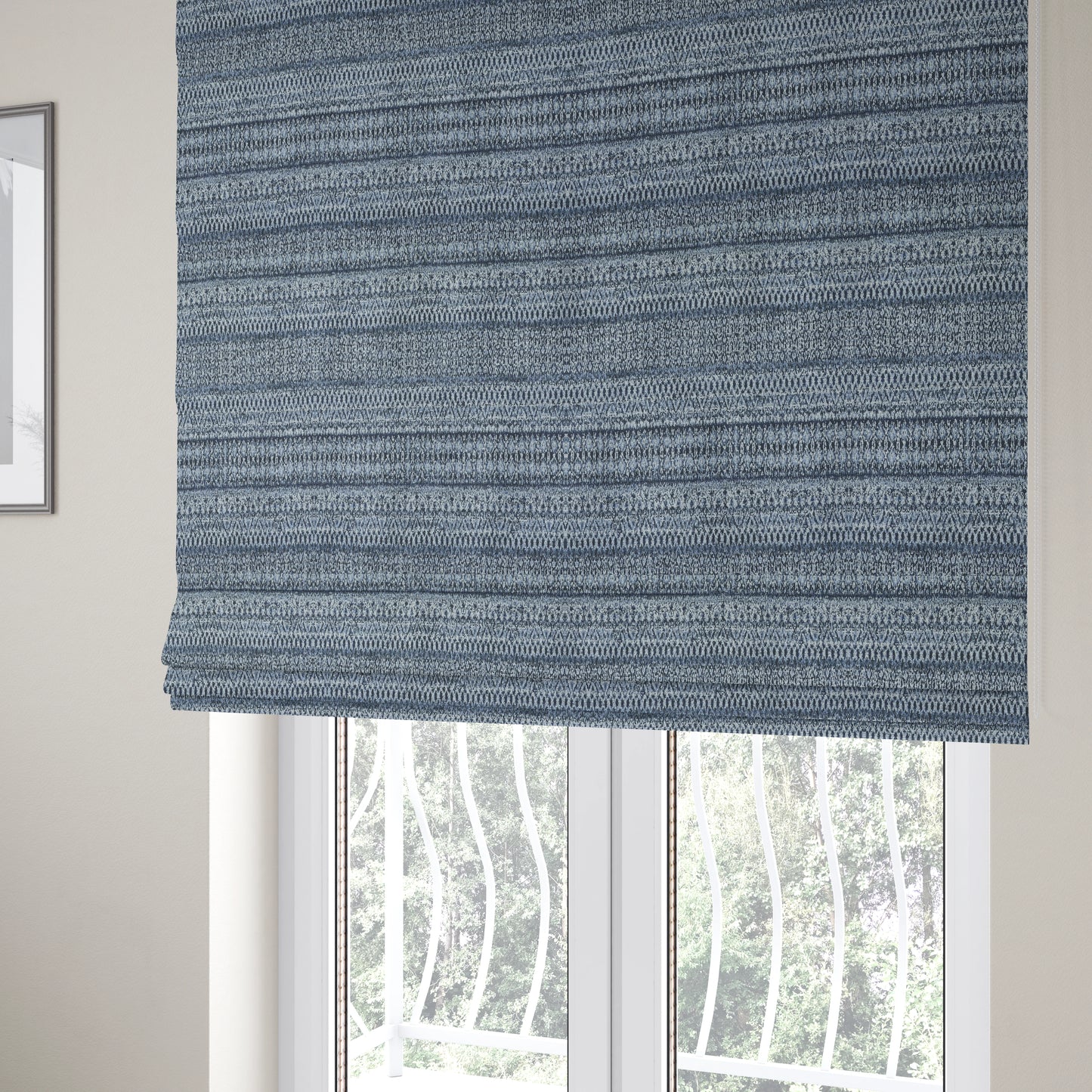 Ella Geometric Trellis Pattern Interior Fabric In White Blue Colour Woven Soft Chenille Fabric JO-487 - Roman Blinds