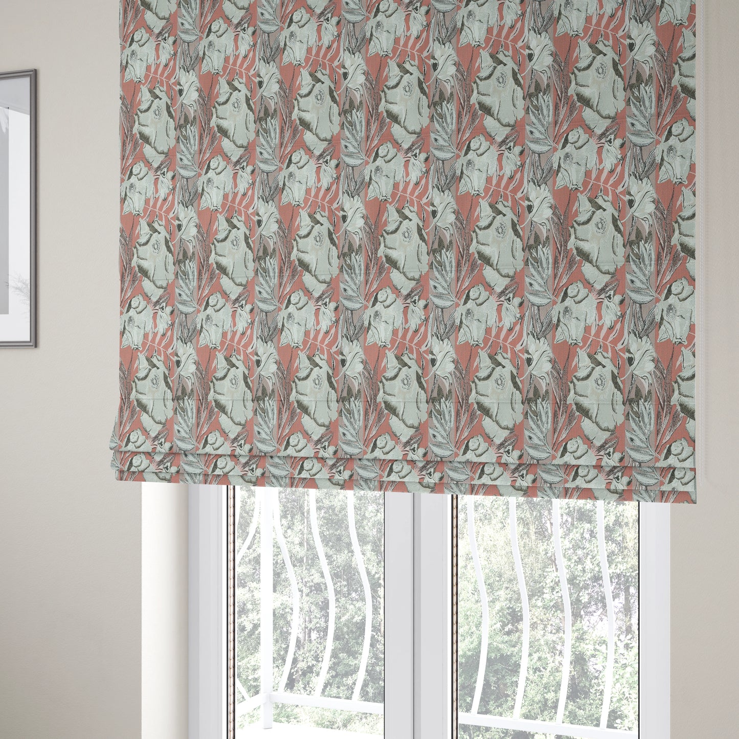 Natural White Pink Brown Colour Floral Theme Pattern Woven Chenille Upholstery Fabric JO-49 - Roman Blinds