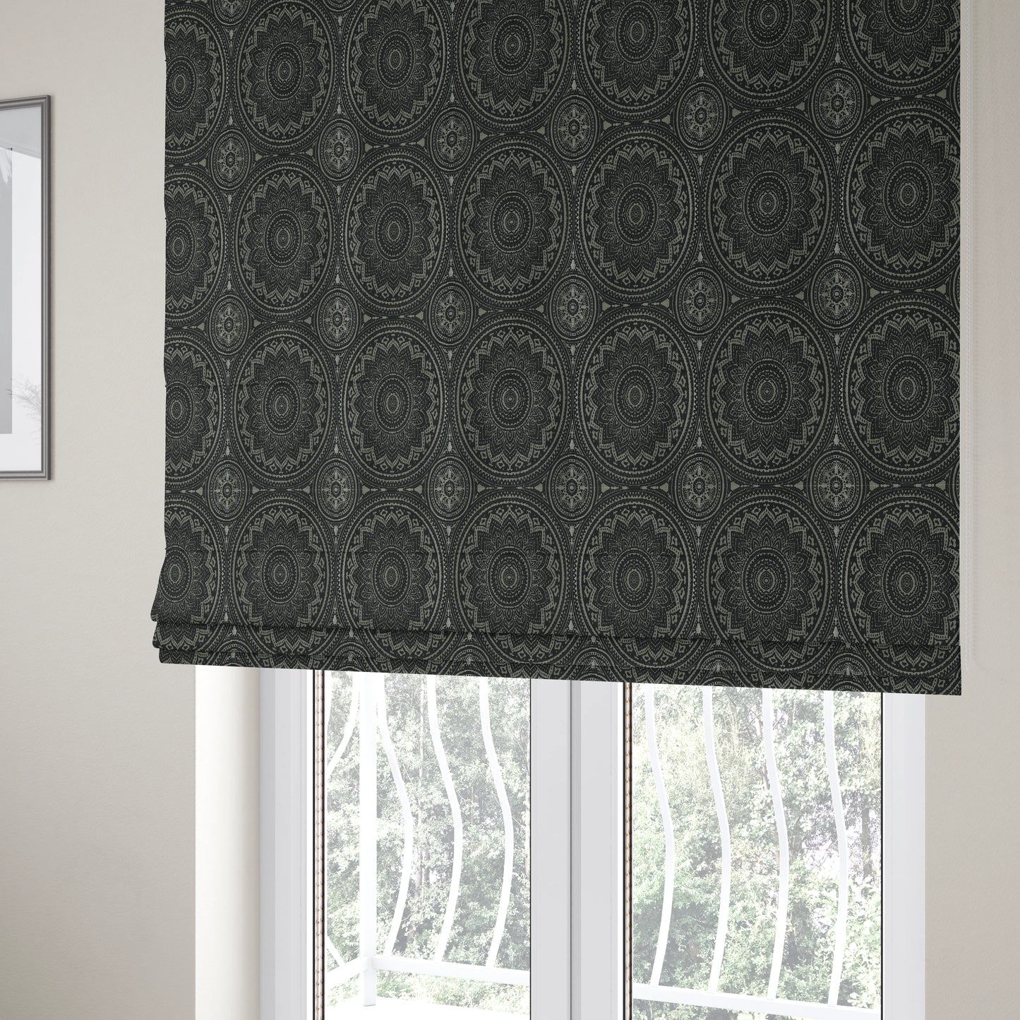 Vegas Black Gold Shine Effect Large Pattern Medallion Soft Chenille Upholstery Fabric JO-493 - Roman Blinds