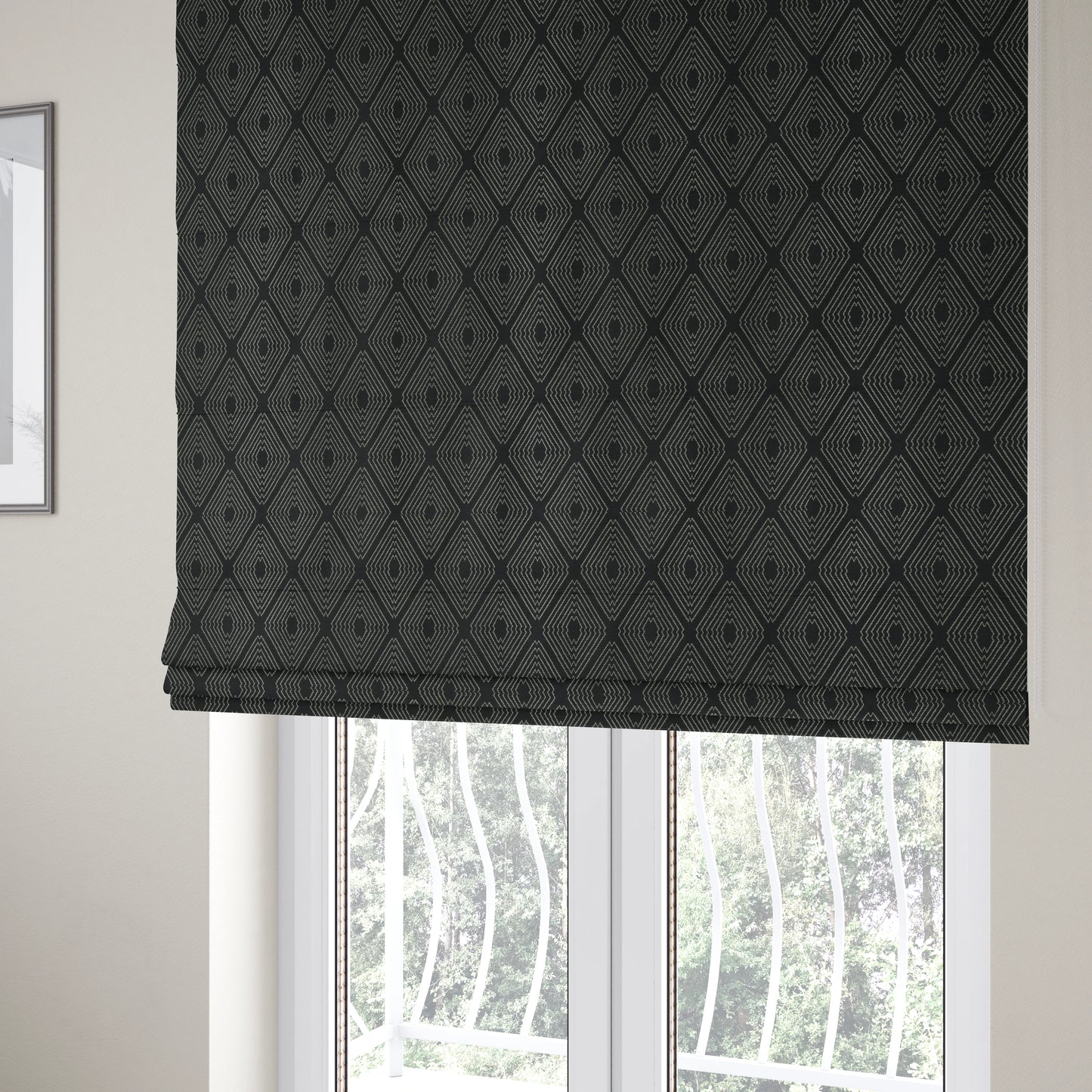 Vegas Black Gold Shine Effect Geometric Pattern Soft Chenille Upholstery Fabric JO-497 - Roman Blinds