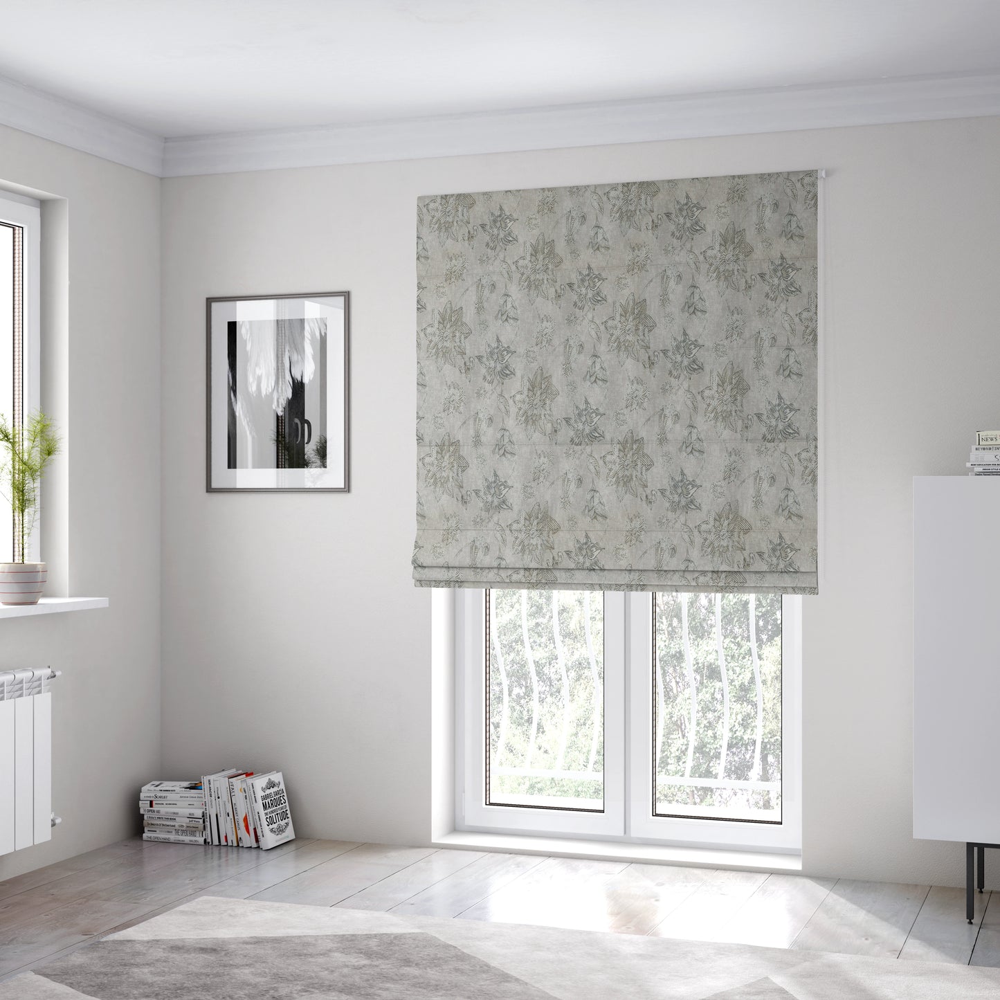 Atmosfera Quality Woven Floral Leaf Inspired Pattern In Grey Colour Fabric JO-498 - Roman Blinds