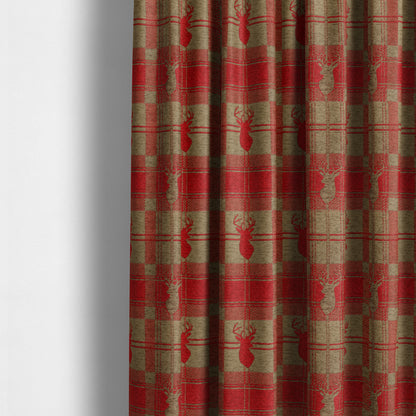 Highland Collection Luxury Soft Like Cotton Feel Stag Deer Head Animal Design On Checked Red On Brown Background Chenille Upholstery Fabric JO-508 - Made To Measure Curtains