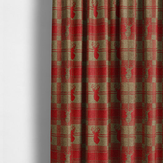 Highland Collection Luxury Soft Like Cotton Feel Stag Deer Head Animal Design On Checked Red On Brown Background Chenille Upholstery Fabric JO-508 - Made To Measure Curtains