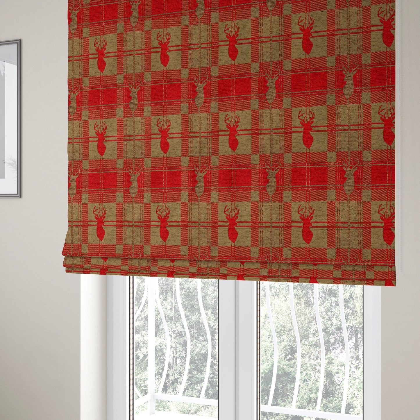 Highland Collection Luxury Soft Like Cotton Feel Stag Deer Head Animal Design On Checked Red On Brown Background Chenille Upholstery Fabric JO-508 - Roman Blinds