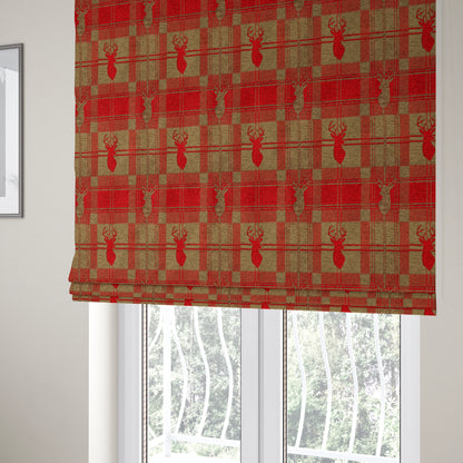 Highland Collection Luxury Soft Like Cotton Feel Stag Deer Head Animal Design On Checked Red On Brown Background Chenille Upholstery Fabric JO-508 - Roman Blinds