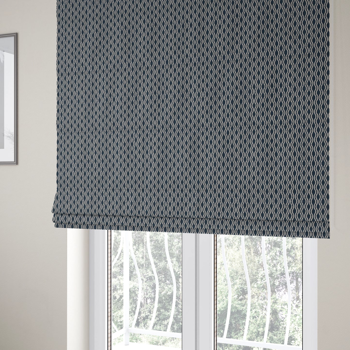 Piccadilly Collection Eclipse Pattern Woven Upholstery Navy Blue Chenille Fabric JO-517 - Roman Blinds