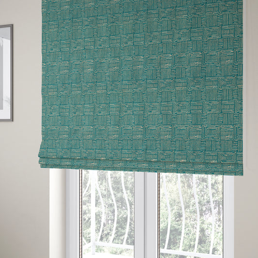 Piccadilly Collection Gingham Pattern Woven Upholstery Teal Chenille Fabric JO-523 - Roman Blinds