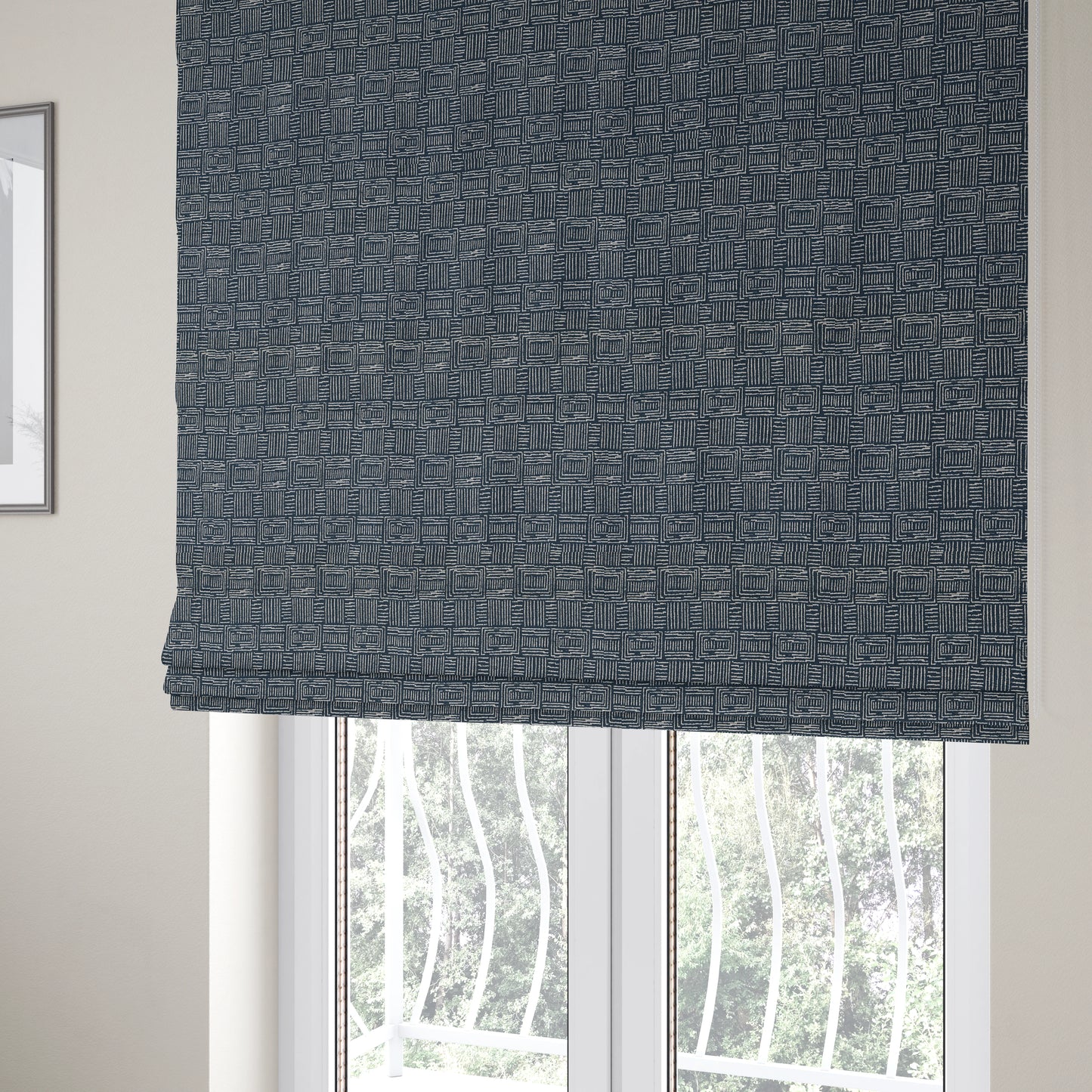 Piccadilly Collection Gingham Pattern Woven Upholstery Navy Blue Chenille Fabric JO-524 - Roman Blinds