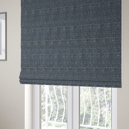 Piccadilly Collection Gingham Pattern Woven Upholstery Navy Blue Chenille Fabric JO-524 - Roman Blinds