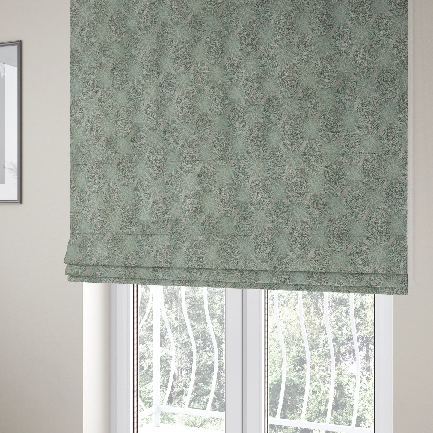 Aqua Silver Grey Coloured Floral Medallion Design Soft Chenille Upholstery Fabric JO-53 - Roman Blinds