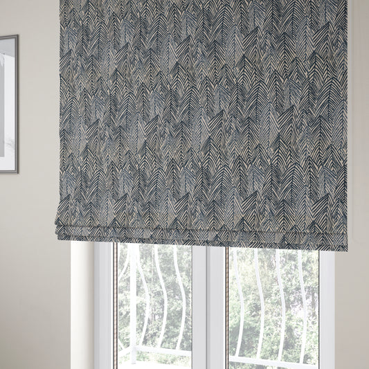 Piccadilly Collection Leaf Floral Pattern Woven Upholstery Navy Blue Chenille Fabric JO-531 - Roman Blinds