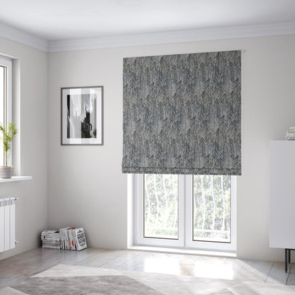 Piccadilly Collection Leaf Floral Pattern Woven Upholstery Navy Blue Chenille Fabric JO-531 - Roman Blinds