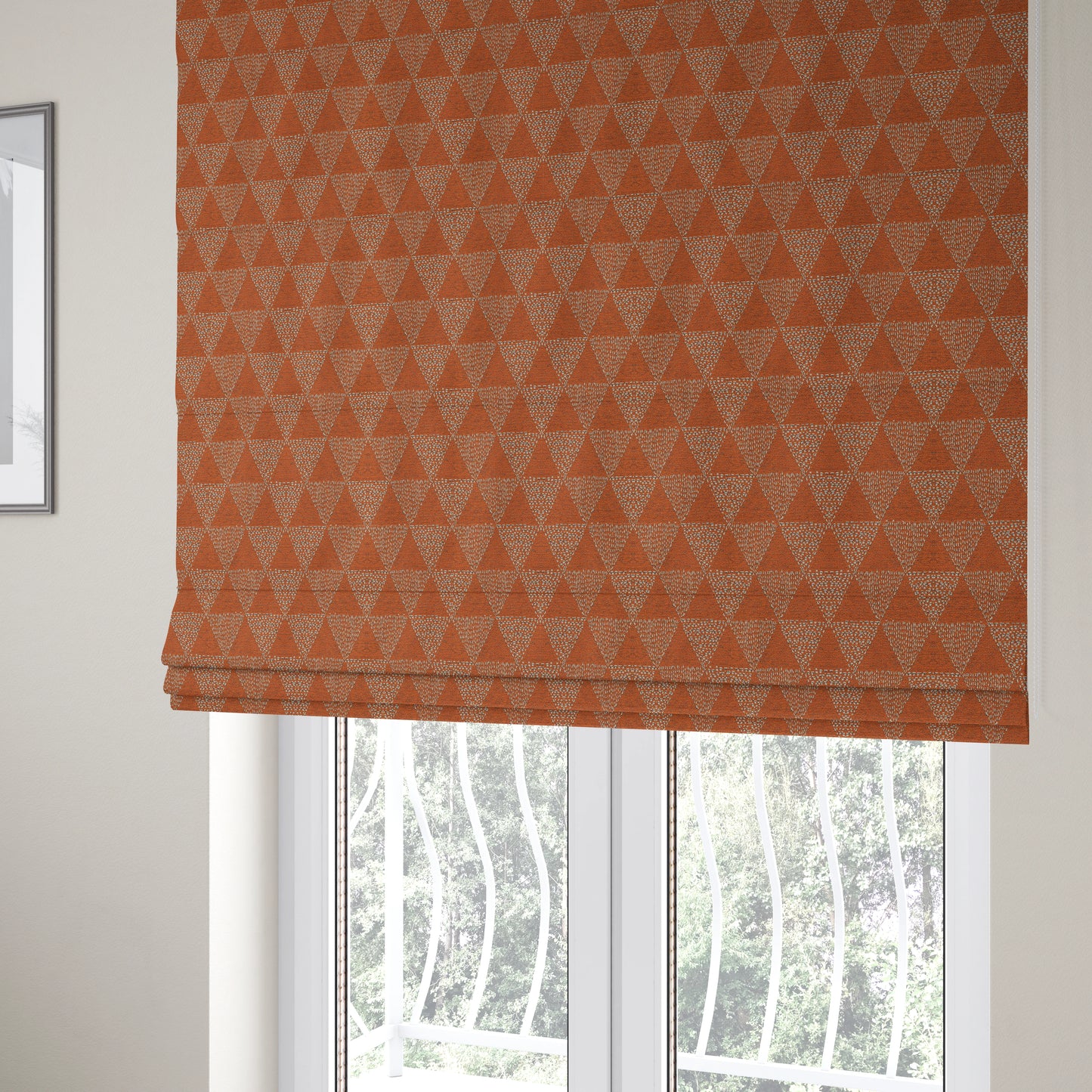 Piccadilly Collection Geometric Triangle Pattern Woven Upholstery Orange Chenille Fabric JO-533 - Roman Blinds