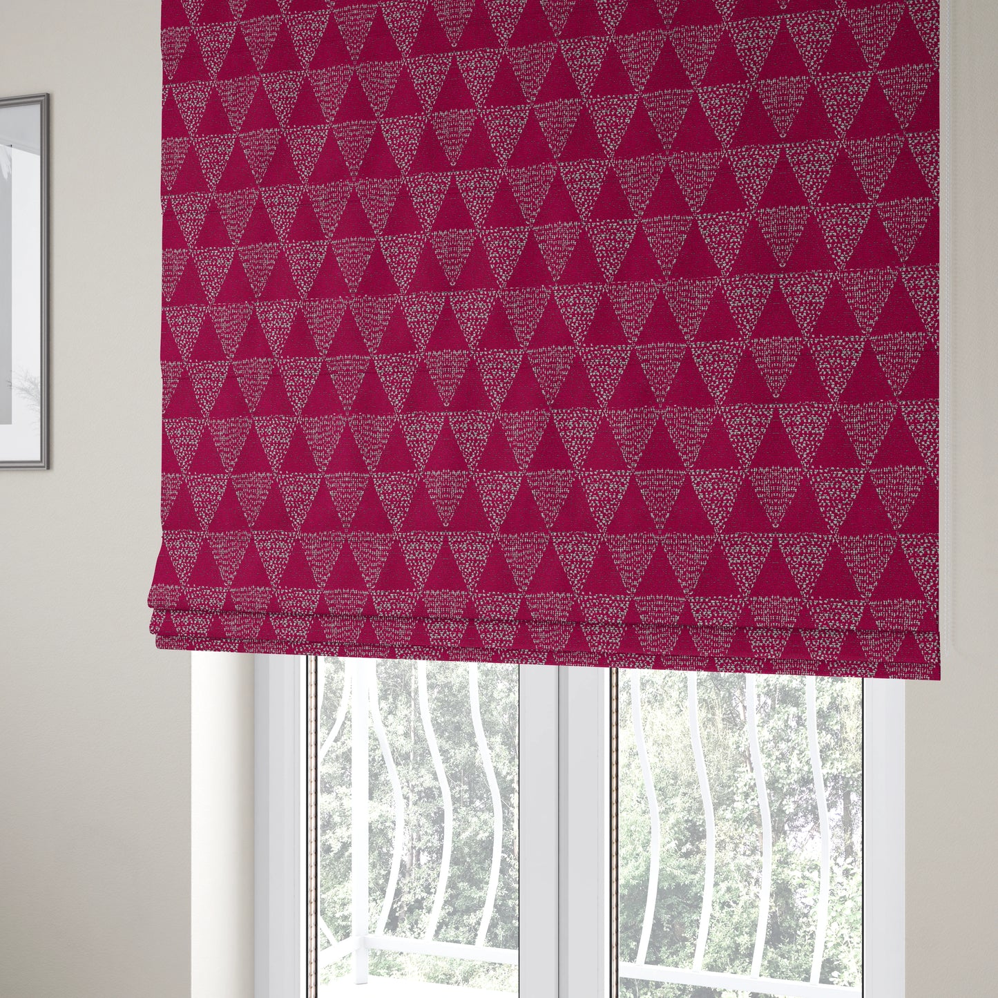 Piccadilly Collection Geometric Triangle Pattern Woven Upholstery Pink Chenille Fabric JO-535 - Roman Blinds