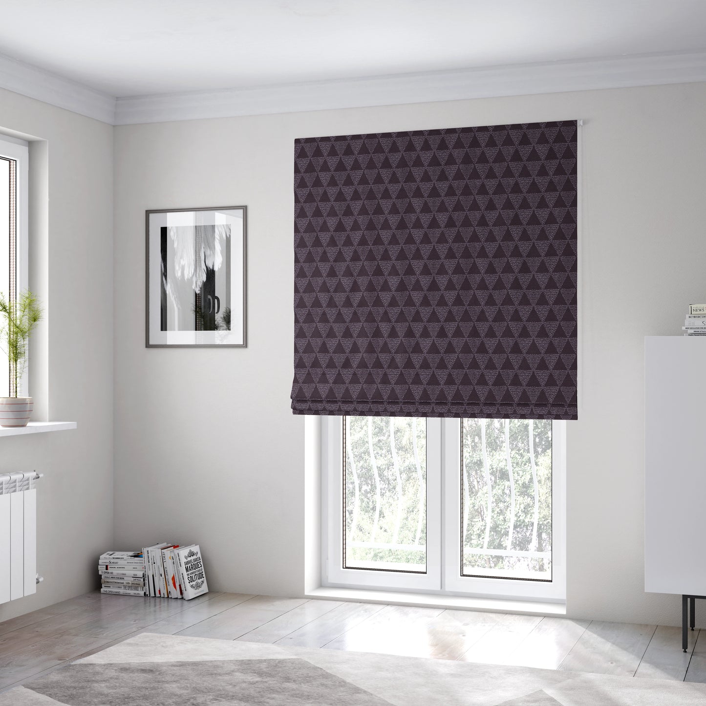 Piccadilly Collection Geometric Triangle Pattern Woven Upholstery Purple Chenille Fabric JO-536 - Roman Blinds