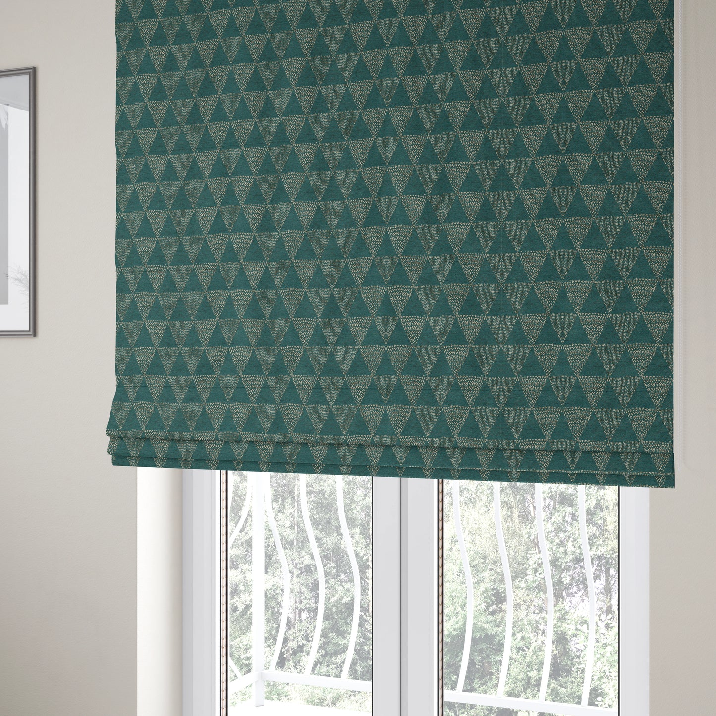 Piccadilly Collection Geometric Triangle Pattern Woven Upholstery Teal Chenille Fabric JO-537 - Roman Blinds