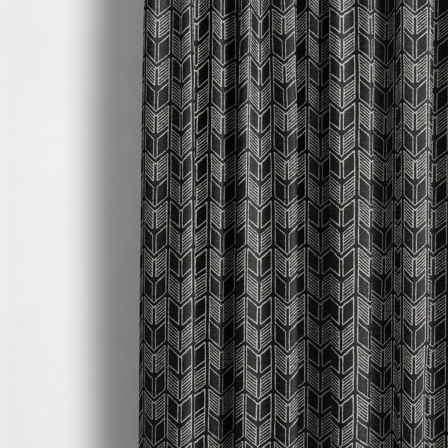 Piccadilly Collection Geometric Chevron Pattern Woven Upholstery Black Chenille Fabric JO-539 - Made To Measure Curtains