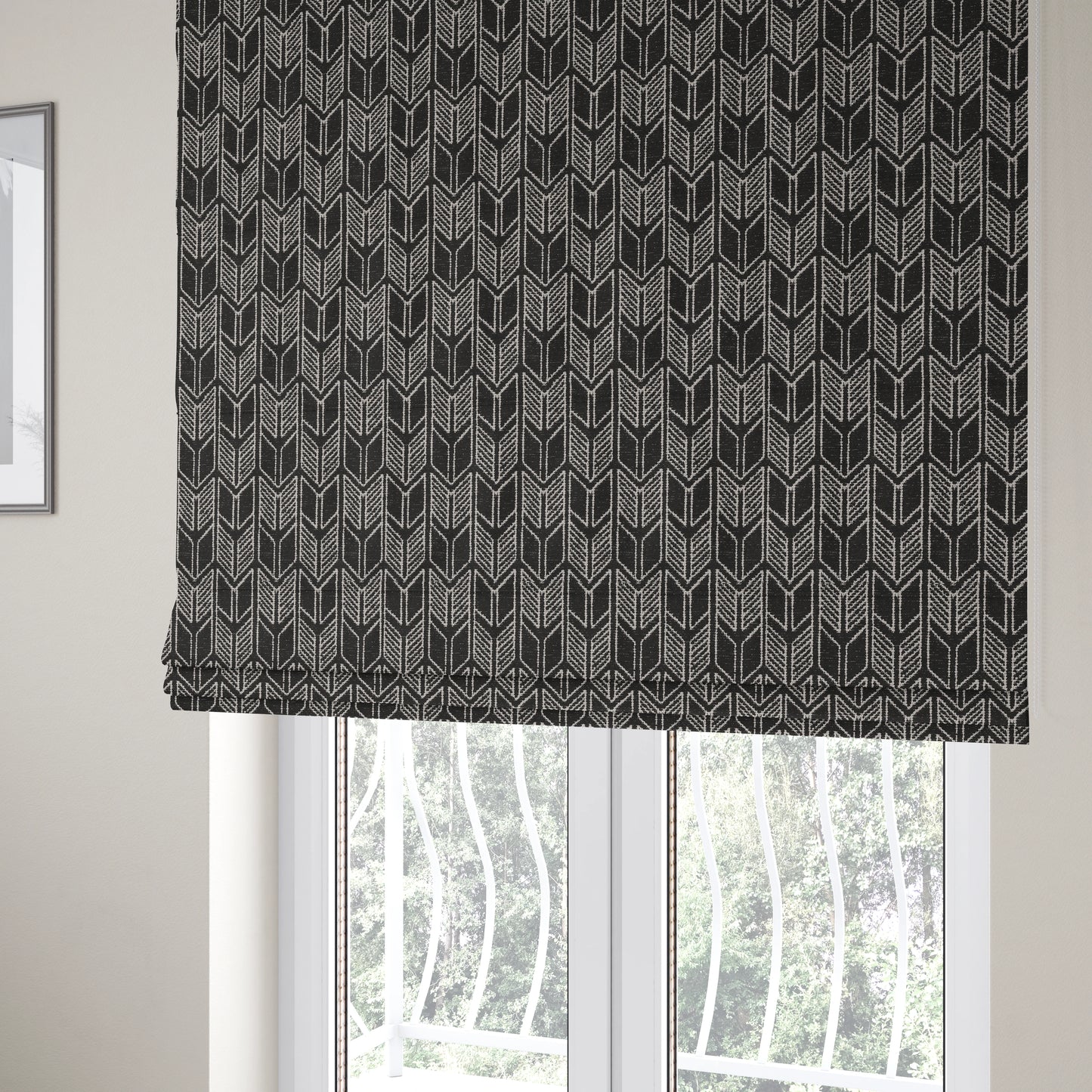 Piccadilly Collection Geometric Chevron Pattern Woven Upholstery Black Chenille Fabric JO-539 - Roman Blinds