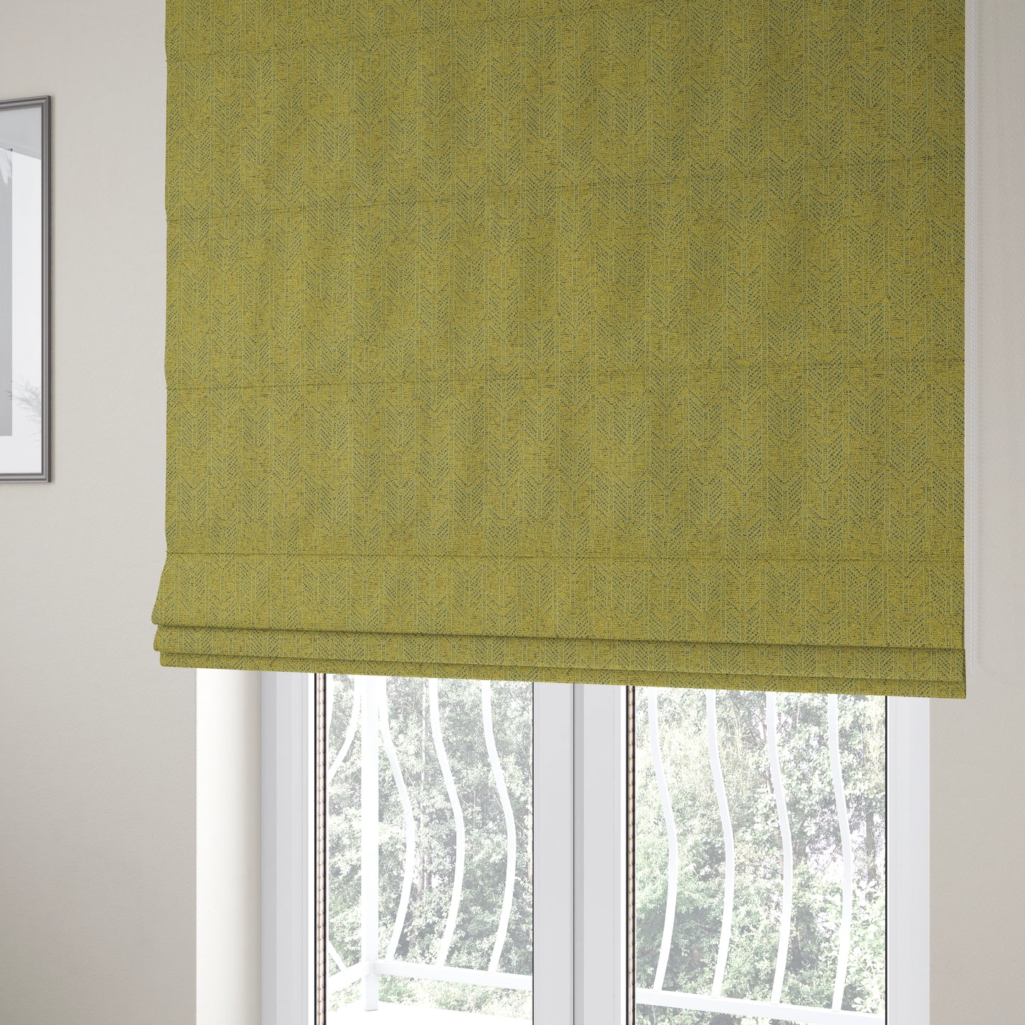 Piccadilly Collection Geometric Chevron Pattern Woven Upholstery Green Chenille Fabric JO-540 - Roman Blinds