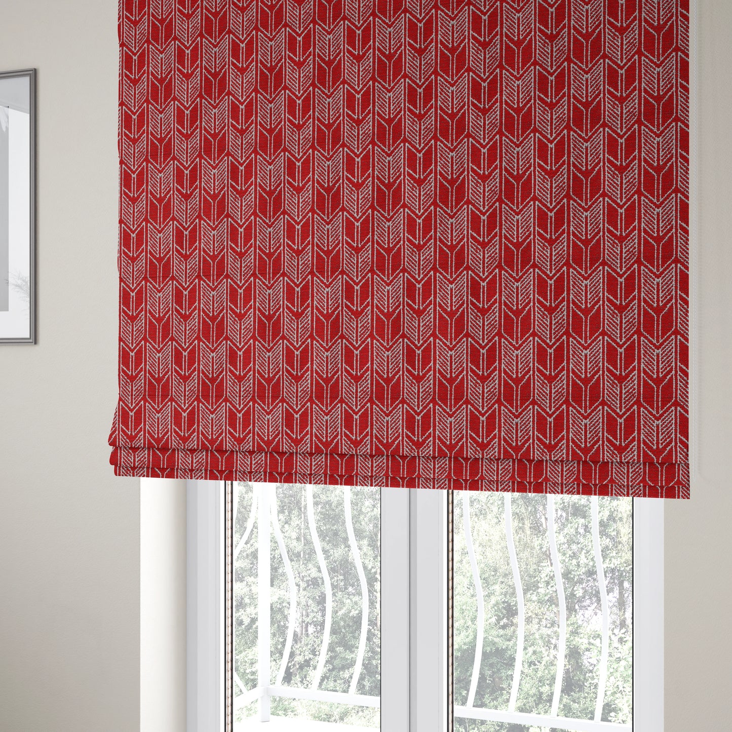 Piccadilly Collection Geometric Chevron Pattern Woven Upholstery Red Chenille Fabric JO-542 - Roman Blinds