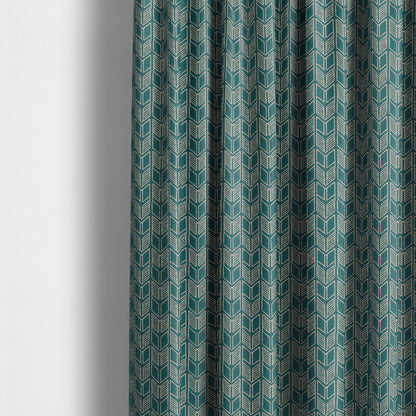 Piccadilly Collection Geometric Chevron Pattern Woven Upholstery Teal Chenille Fabric JO-545 - Made To Measure Curtains