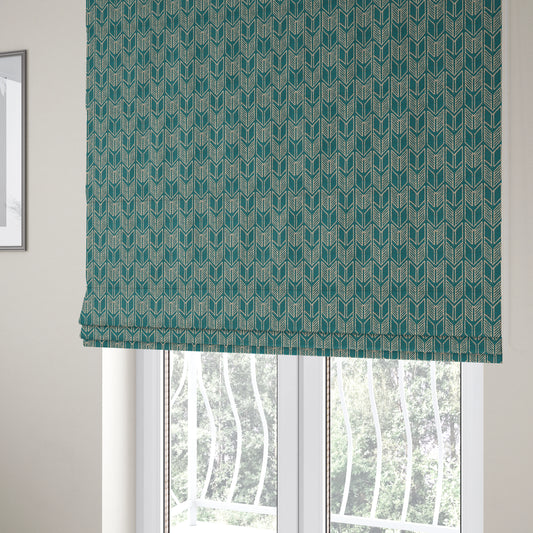 Piccadilly Collection Geometric Chevron Pattern Woven Upholstery Teal Chenille Fabric JO-545 - Roman Blinds