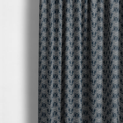 Piccadilly Collection Geometric Chevron Pattern Woven Upholstery Navy Blue Chenille Fabric JO-546 - Made To Measure Curtains