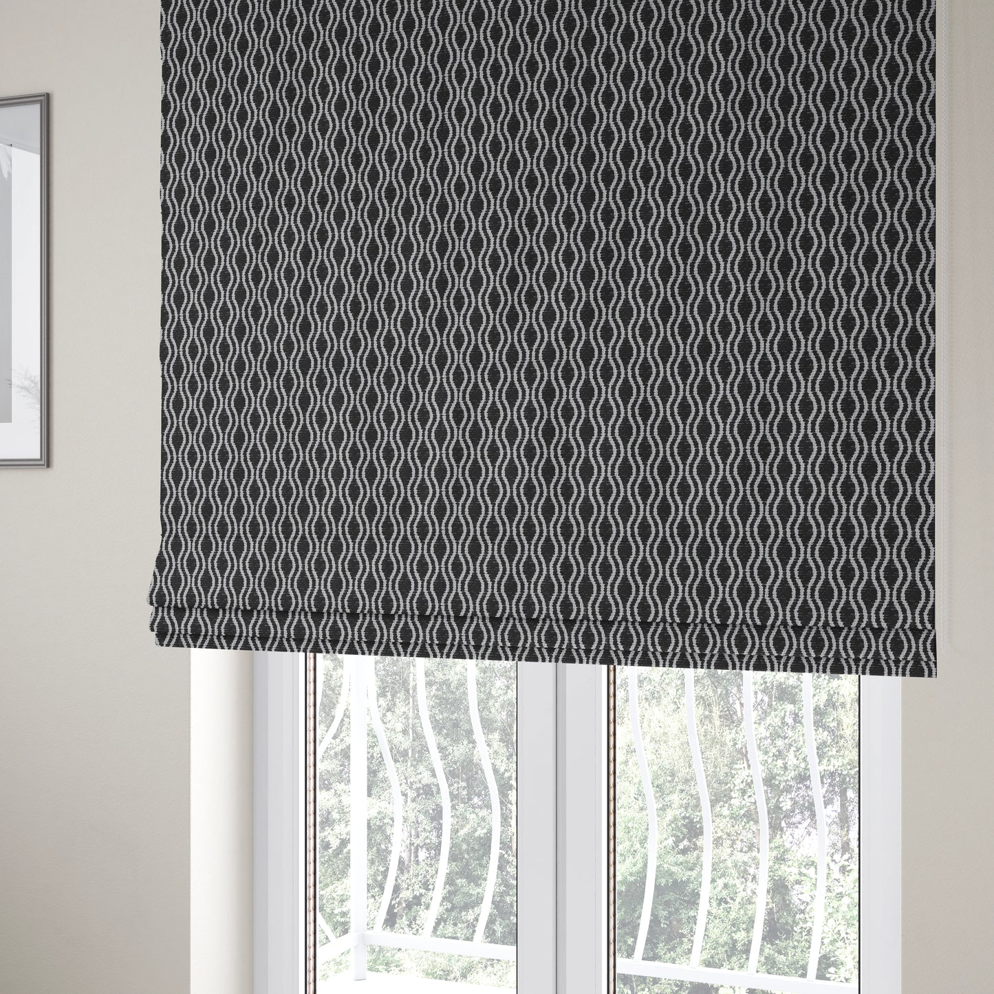 Piccadilly Collection Eclipse Pattern Woven Upholstery Black Chenille Fabric JO-556 - Roman Blinds