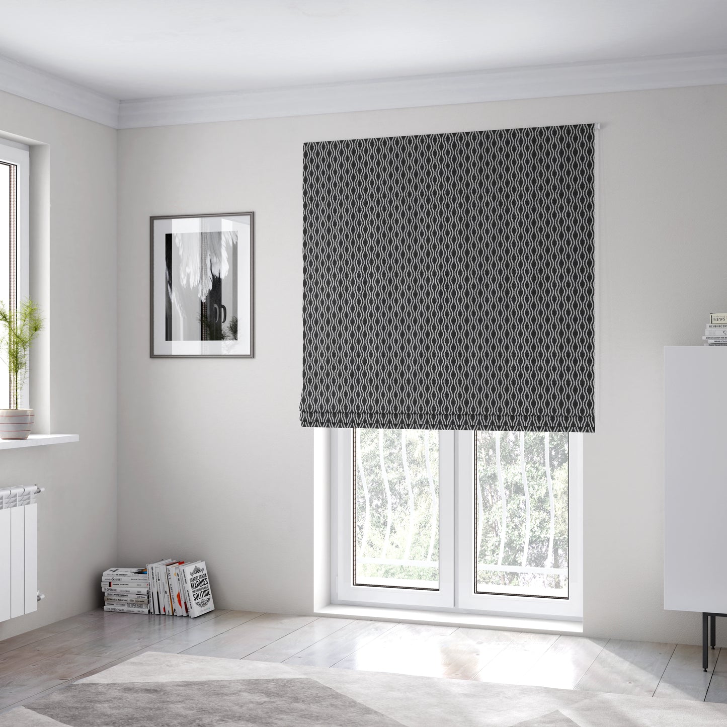 Piccadilly Collection Eclipse Pattern Woven Upholstery Black Chenille Fabric JO-556 - Roman Blinds