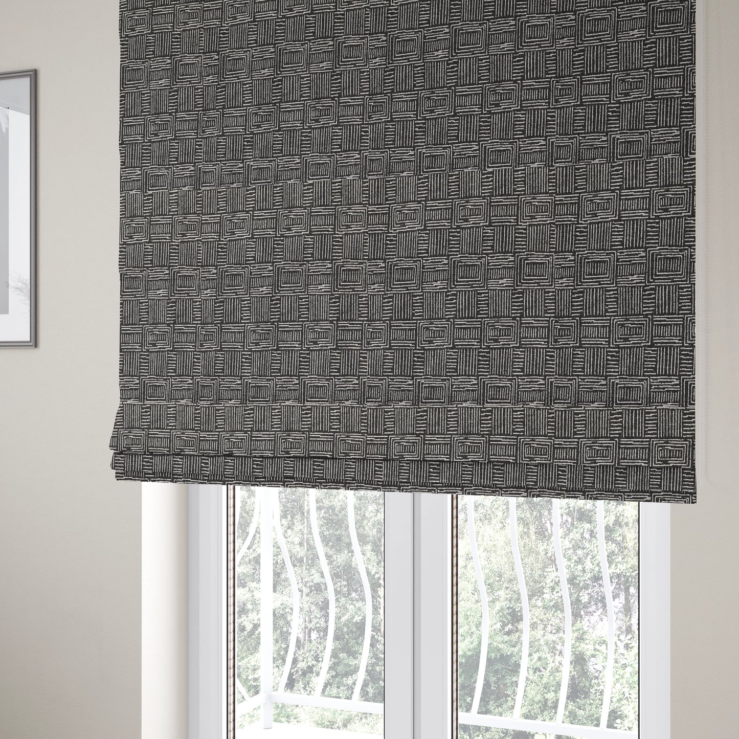 Piccadilly Collection Gingham Pattern Woven Upholstery Black Chenille Fabric JO-558 - Roman Blinds