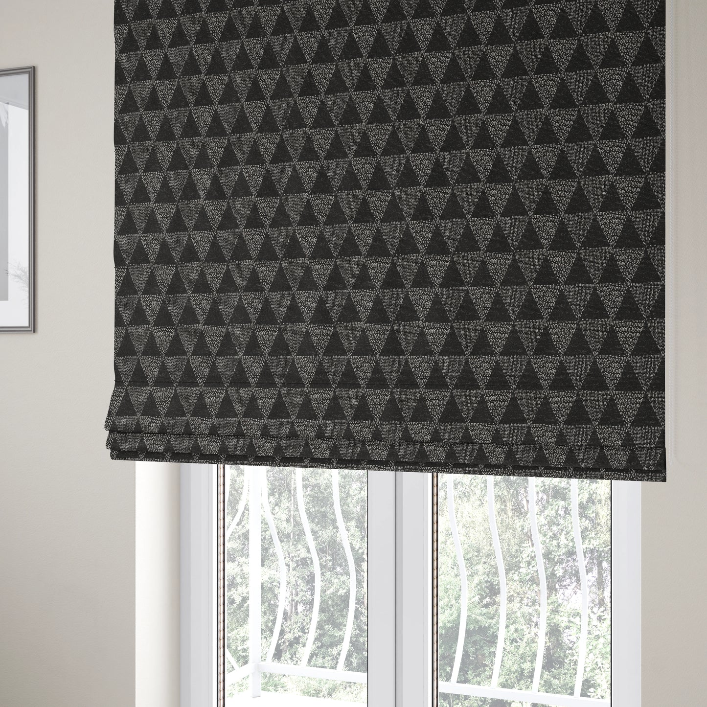 Piccadilly Collection Geometric Triangle Pattern Woven Upholstery Black Chenille Fabric JO-561 - Roman Blinds