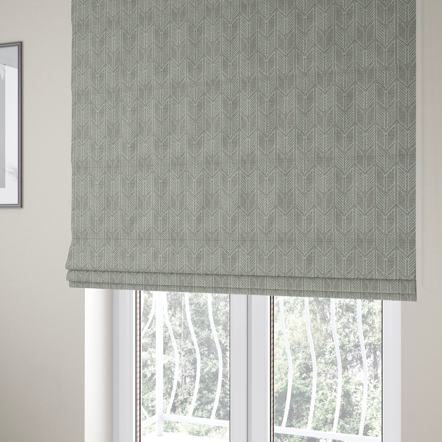 Piccadilly Collection Geometric Chevron Pattern Woven Upholstery Silver Chenille Fabric JO-563 - Roman Blinds