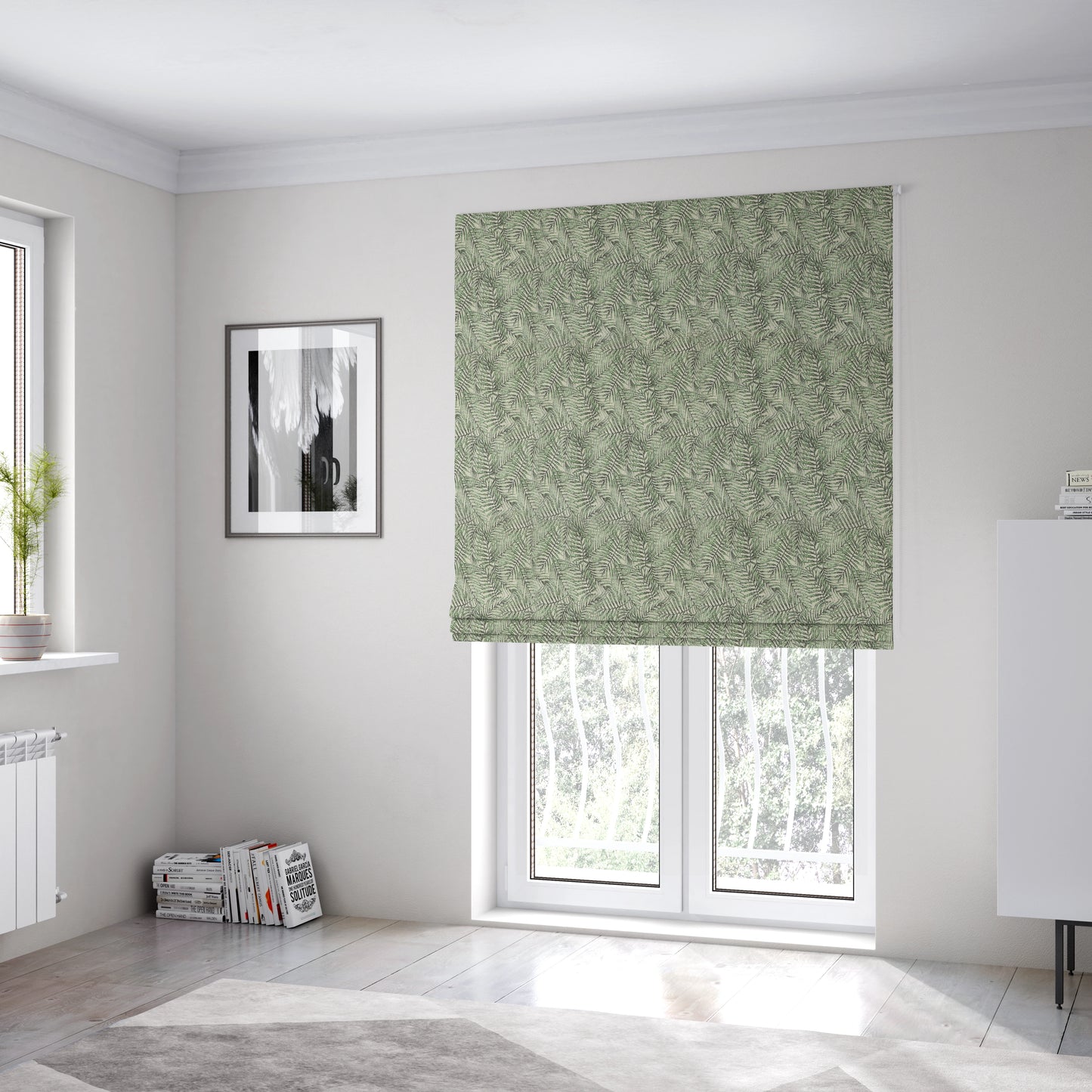 Fantasque All Over Jungle Leaf Inspired Pattern White Green Colour Chenille Fabric JO-572 - Roman Blinds