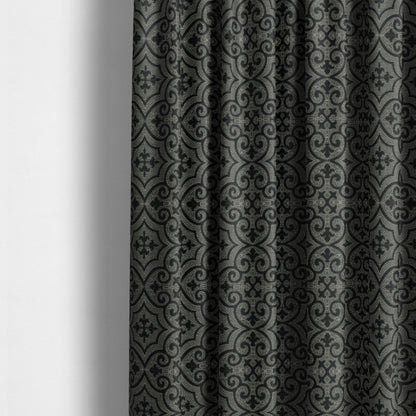 Vegas Black Silver Shine Effect Pattern Medallion Soft Chenille Upholstery Fabric JO-573 - Made To Measure Curtains