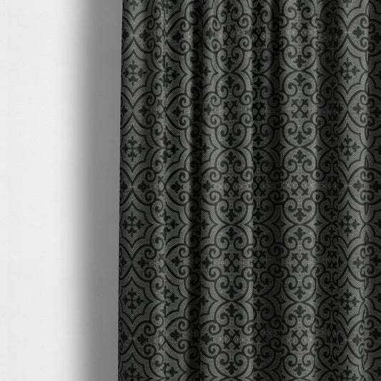 Vegas Black Silver Shine Effect Pattern Medallion Soft Chenille Upholstery Fabric JO-573 - Made To Measure Curtains