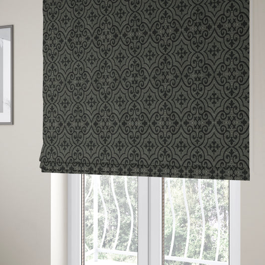 Vegas Black Silver Shine Effect Pattern Medallion Soft Chenille Upholstery Fabric JO-573 - Roman Blinds