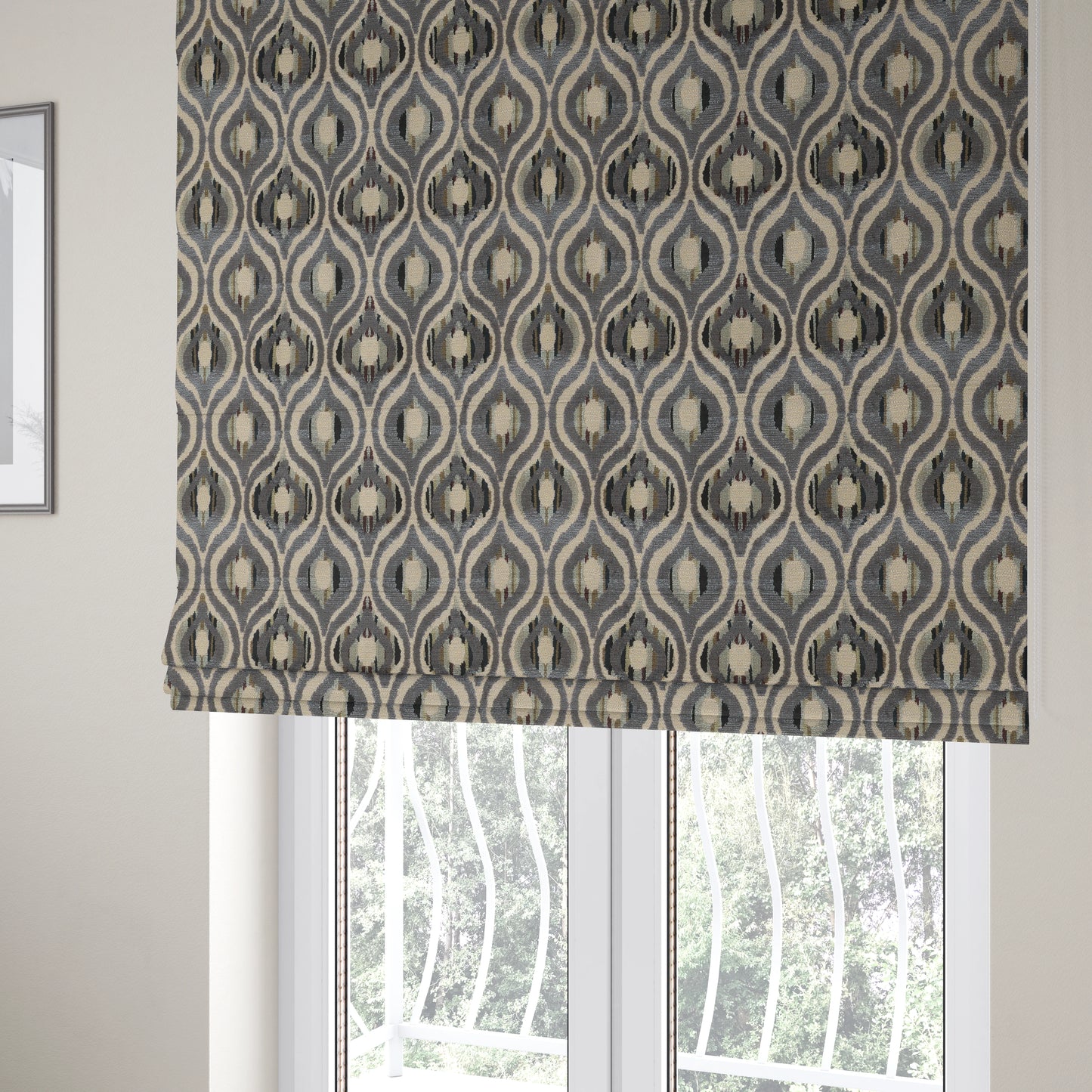 Ziani Modern Hourglass Geometric Pattern Velvet In Blue Colour JO-577 - Roman Blinds