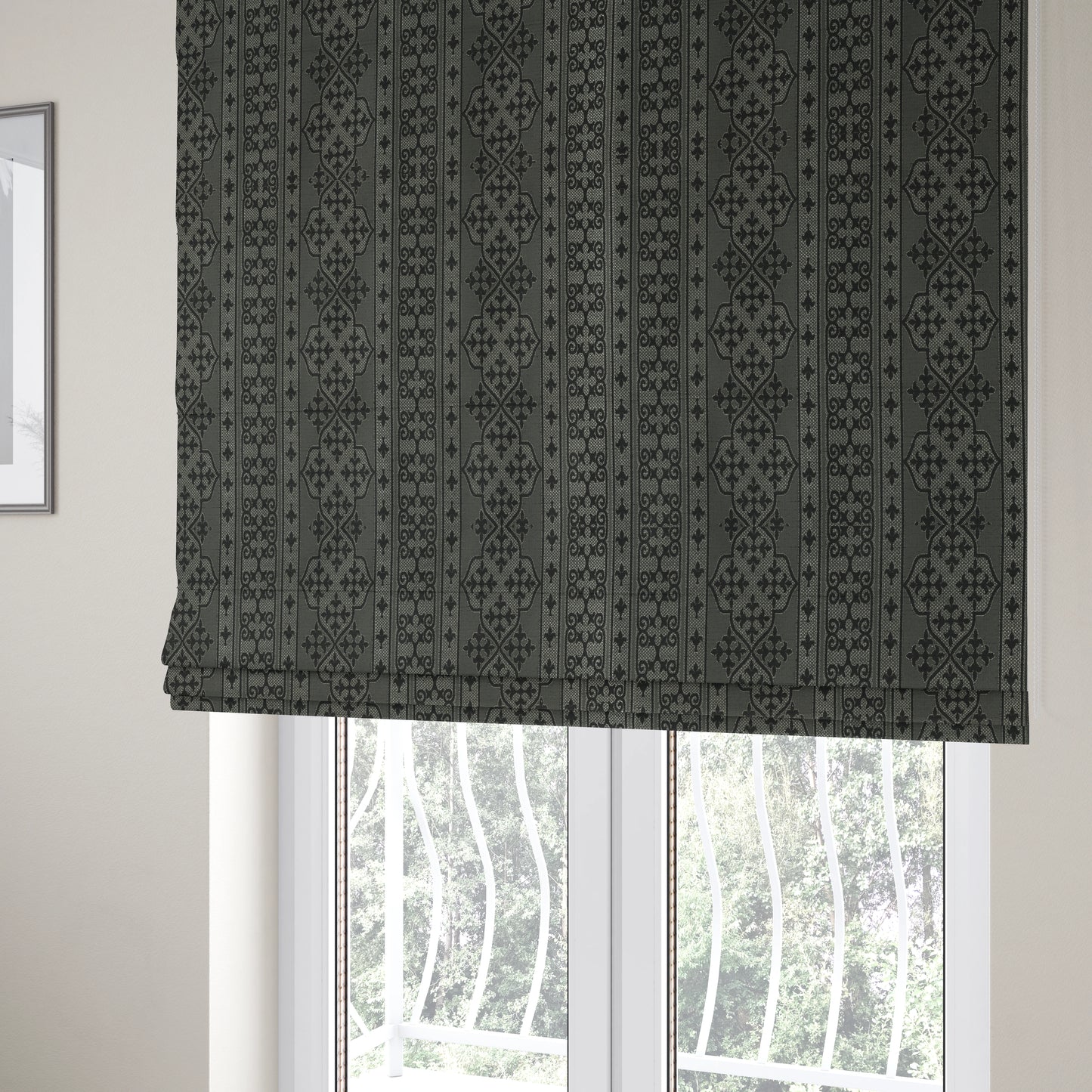 Vegas Black Silver Shine Effect Striped Medallion Pattern Soft Chenille Upholstery Fabric JO-581 - Roman Blinds