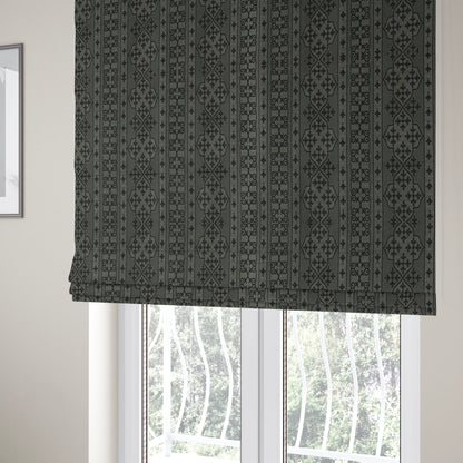 Vegas Black Silver Shine Effect Striped Medallion Pattern Soft Chenille Upholstery Fabric JO-581 - Roman Blinds