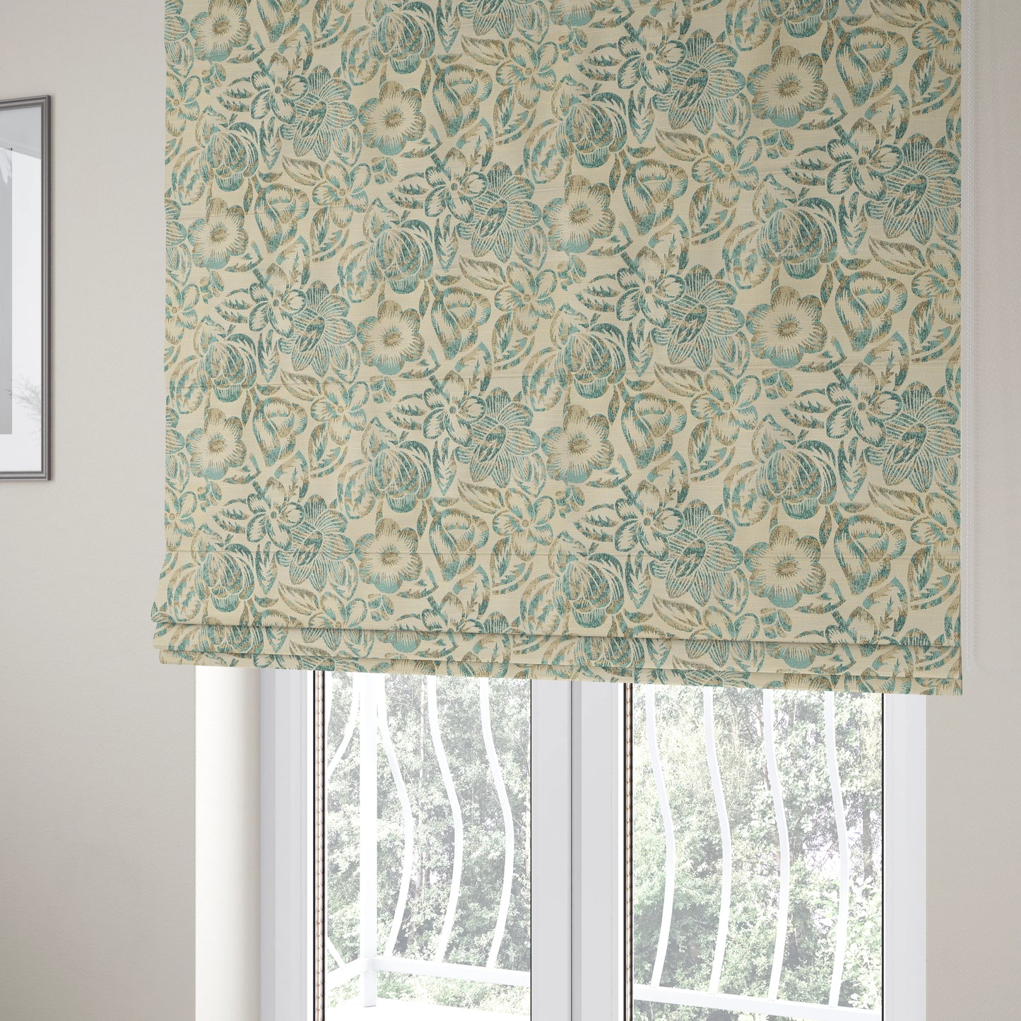 Arley Fabric Collection Woven Jacquard Floral Pattern Blue Beige Colour Chenille Fabric JO-585 - Roman Blinds