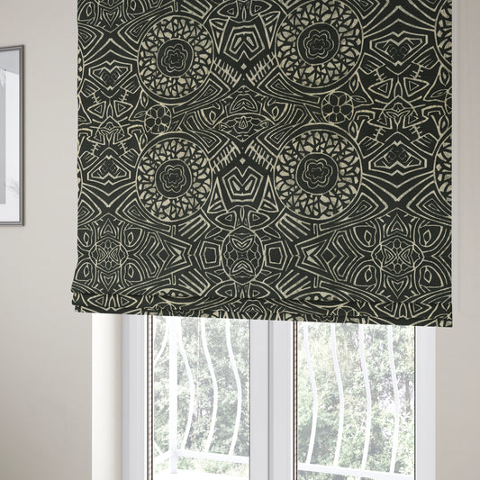 Lomasi Metallic Tones Fabric Silver Black Colour Geometric Carnival Inspired Woven Pattern Furnishing Fabric JO-590 - Roman Blinds