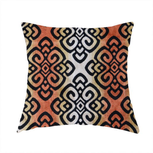Ziani Designer Medallion Geometric Inspired Pattern Velvet In Orange Black Colour JO-595 - Handmade Cushions