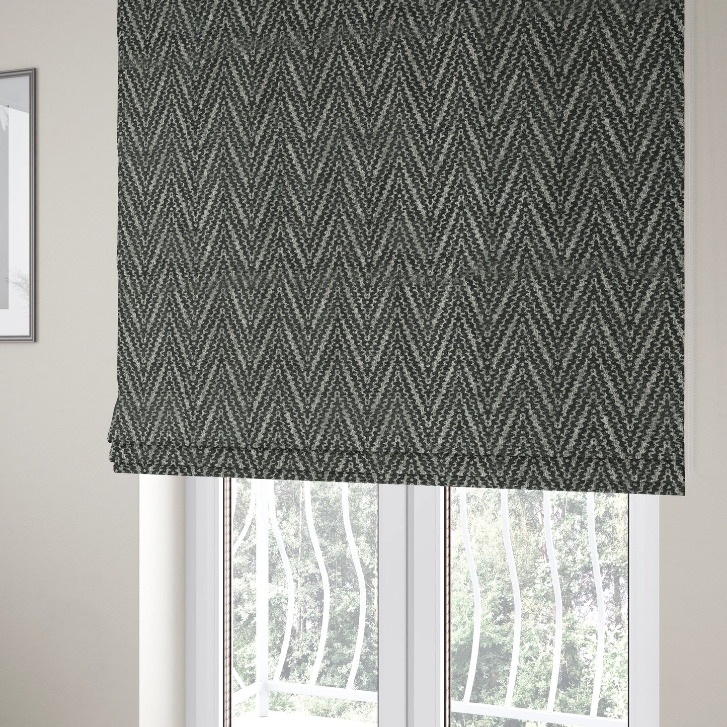 Lomasi Metallic Tones Fabric Black Silver Thin Chevron Striped Designer Furnishing Fabric JO-609 - Roman Blinds